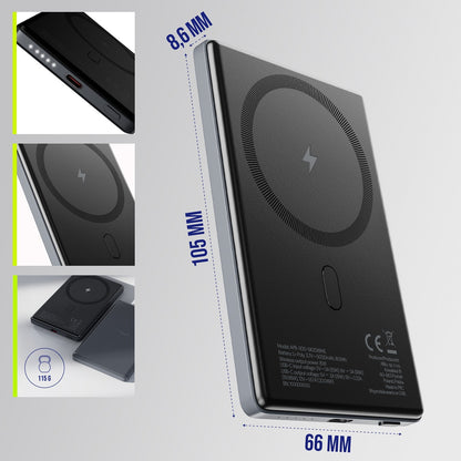 Vanjska baterija Wireless Allity. APB-300, 5000mAh, 20W, PD + QC, 1 x QI - 1 x USB-C, Siva