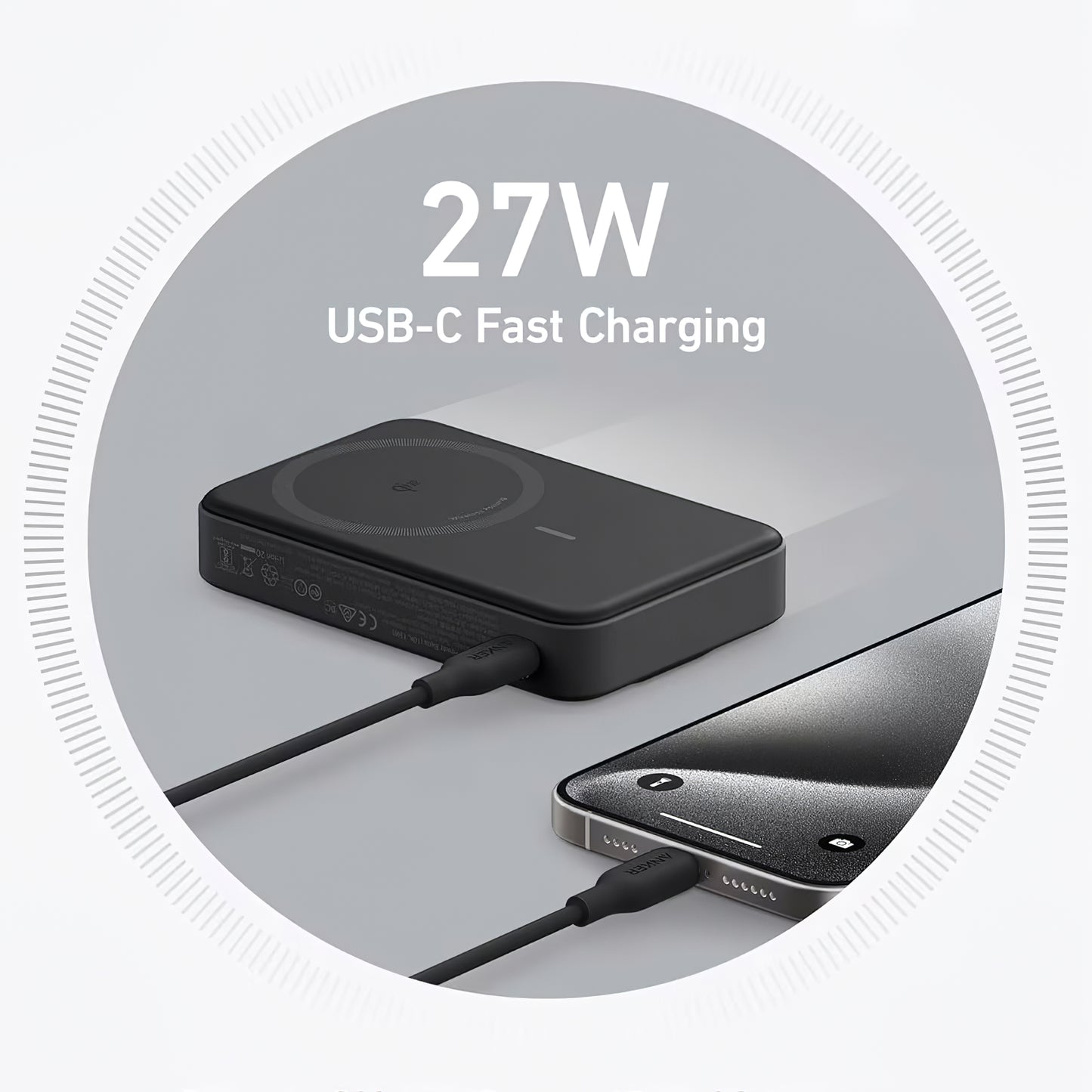 Vanjska baterija Anker MagGo, bežična, 10000mAh, 27W, PD + FQI, 1 x QI - 1 x USB-C, crna A1654G11