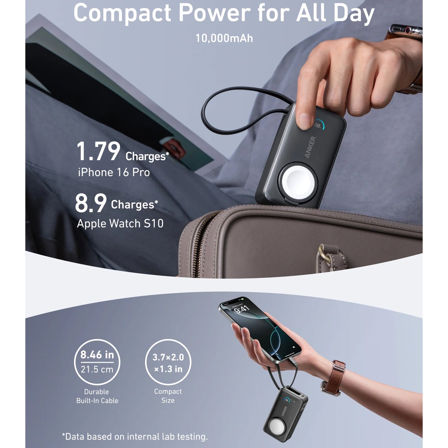 Vanjska bežična baterija Anker MagGo, 10000mAh, 35W, PD + QI, 1 x QI - 2 x USB-C, Crna A1657H11