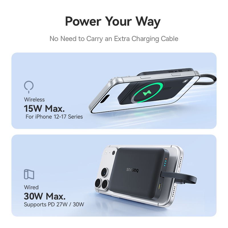 Bežična vanjska baterija Baseus EnerFill FM11, 10000 mAh, 30 W, PD + FQI, 1 × QI – 2 × USB-C, crna E0028904