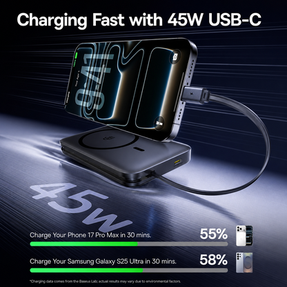 Bežična vanjska baterija Baseus PicoGo AM61, 10000mAh, 45W, PD + FQI, 1 x QI - 2 x USB-C, Crna E0028V00