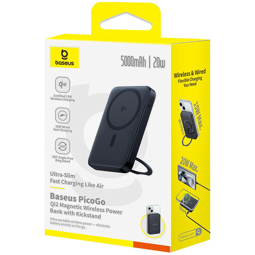 Vanjska bežična baterija Baseus PicoGo, 5000mAh, 20W, PD + FQI, 1 x QI - 1 x USB-C, Crna P10076802123-00