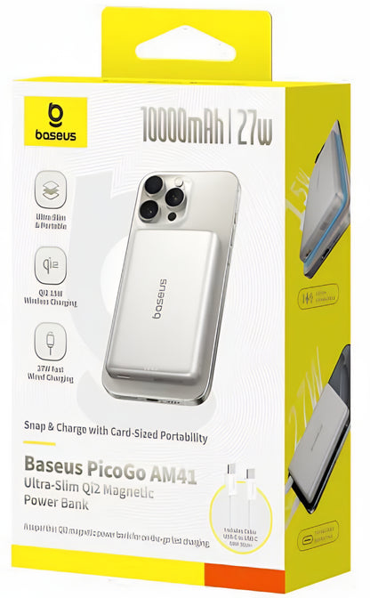 Vanjska bežična baterija Baseus PicoGo AM41, 10000mAh, 27W, PD + FQI, 1 x QI - 1 x USB-C, Bež E0027203
