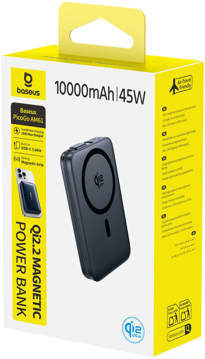 Bežična vanjska baterija Baseus PicoGo AM61, 10000mAh, 45W, PD + FQI, 1 x QI - 2 x USB-C, Crna E0028V00