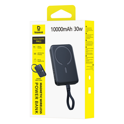 Bežična vanjska baterija Baseus EnerFill FM11, 10000 mAh, 30 W, PD + FQI, 1 × QI – 2 × USB-C, crna E0028904