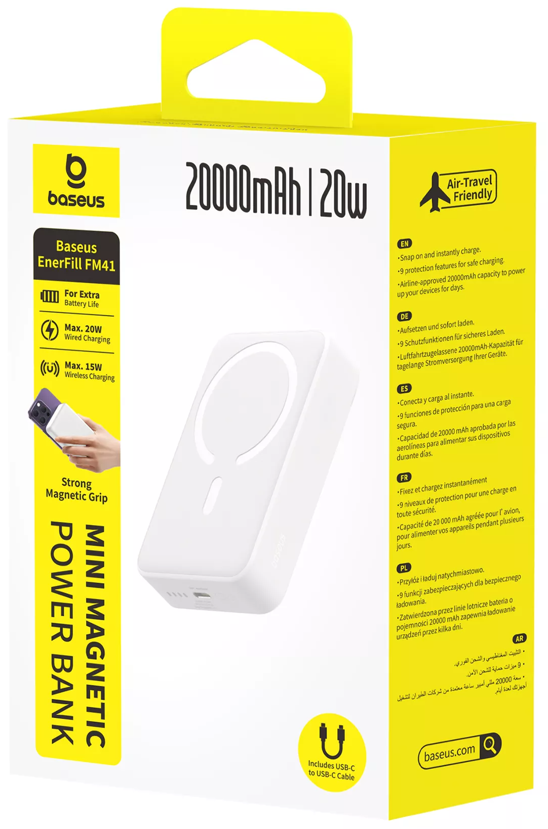 Bežična vanjska baterija Baseus EnerFill FM41 Mini, 20000mAh, 20W, PD + FQI, 1 x QI - 1 x USB-C, Bijela E0027U01