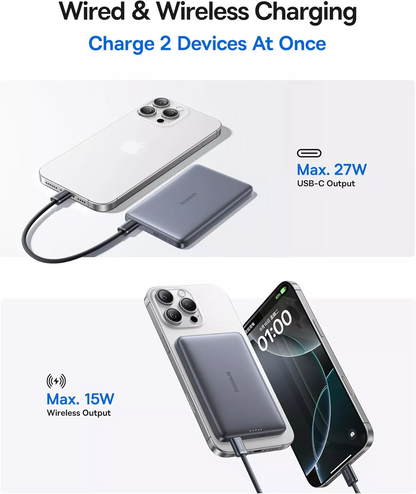 Vanjska bežična baterija Baseus PicoGo AM41, 10000mAh, 27W, PD + FQI, 1 x QI - 1 x USB-C, Siva E0027200