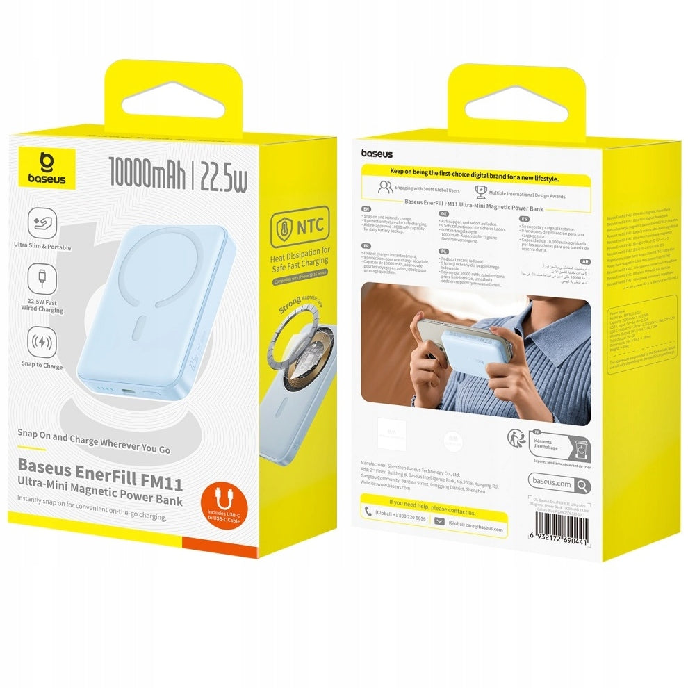 Bežična vanjska baterija Baseus EnerFill FM11 Ultra-Mini, 10000mAh, 22.5W, PD + FQI, 1 x QI - 1 x USB-C, Plava P1008210E313-00