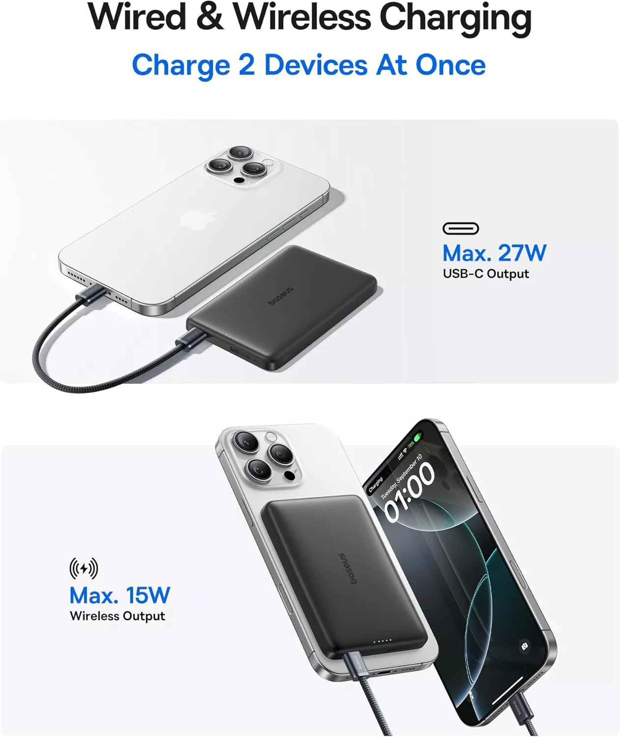 Vanjska bežična baterija Baseus PicoGo AM41, 10000mAh, 27W, PD + FQI, 1 x QI - 1 x USB-C, Crna E0027201