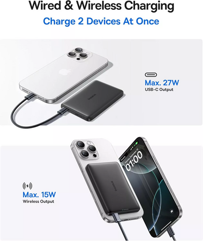 Vanjska bežična baterija Baseus PicoGo AM41, 10000mAh, 27W, PD + FQI, 1 x QI - 1 x USB-C, Crna E0027201