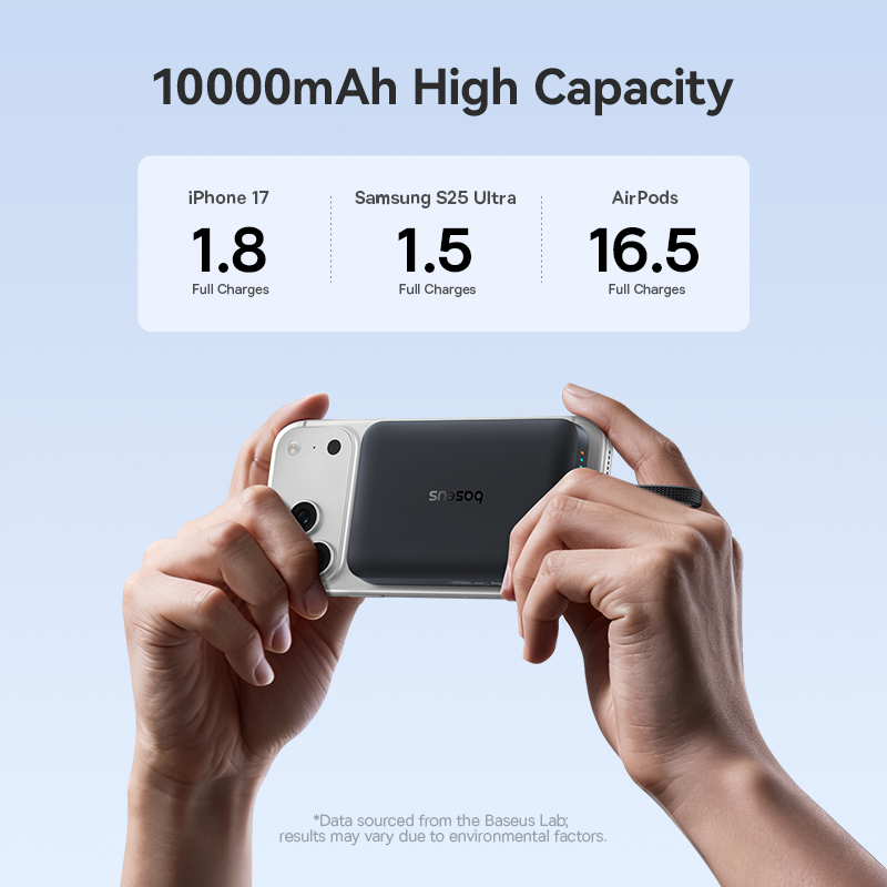 Bežična vanjska baterija Baseus EnerFill FM11, 10000 mAh, 30 W, PD + FQI, 1 × QI – 2 × USB-C, crna E0028904