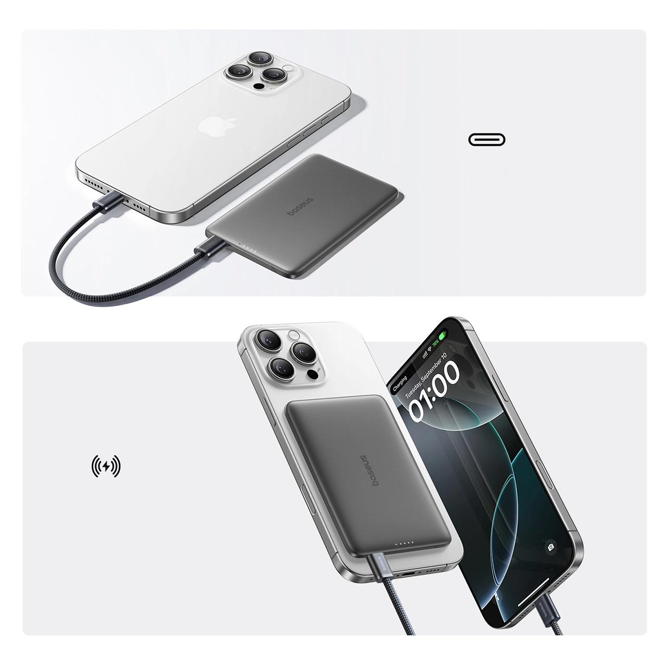 Vanjska bežična baterija Baseus PicoGo AM41, 5000mAh, 20W, PD + FQI, 1 x QI - 1 x USB-C, Crna