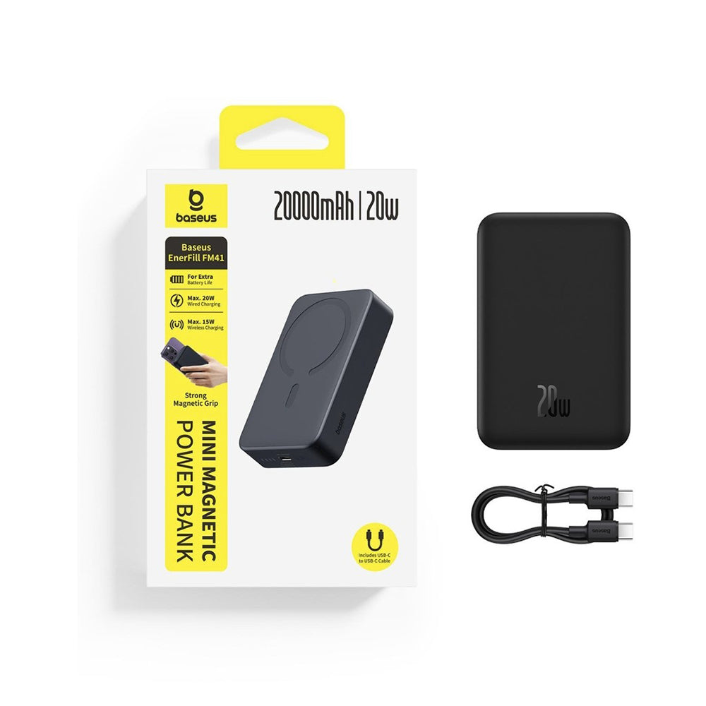 Bežična vanjska baterija Baseus EnerFill FM41, 20000mAh, 20W, PD - FQI, 1 x QI - 1 x USB-C, Crna E0027U00