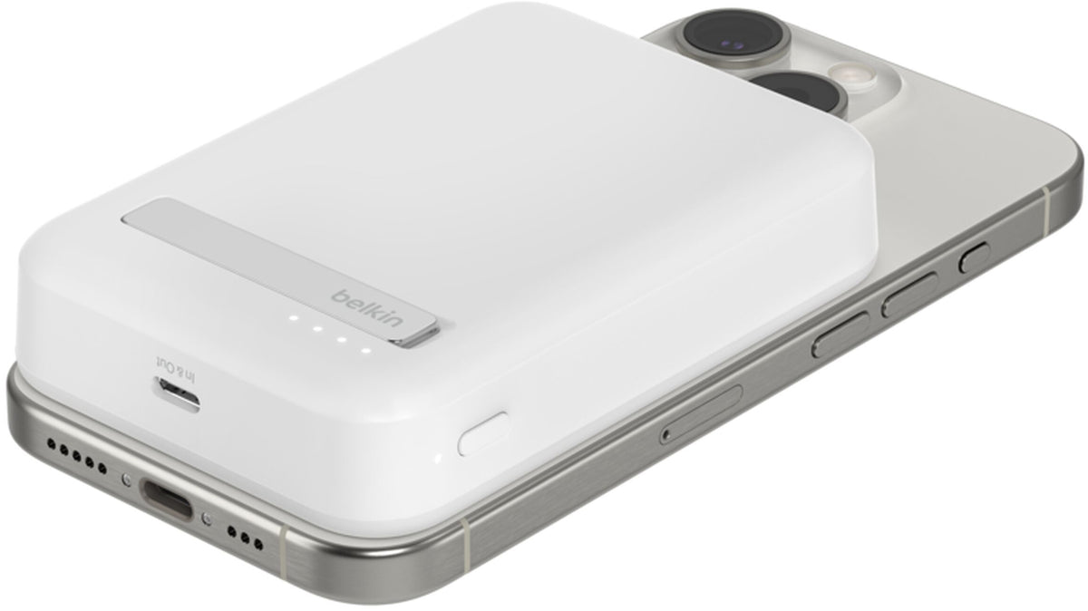 Bežična vanjska baterija Belkin BoostCharge Pro s postoljem, 10000mAh, 15W, FQI, 1 x QI - 1 x USB-C, Bijela BPD008btWH