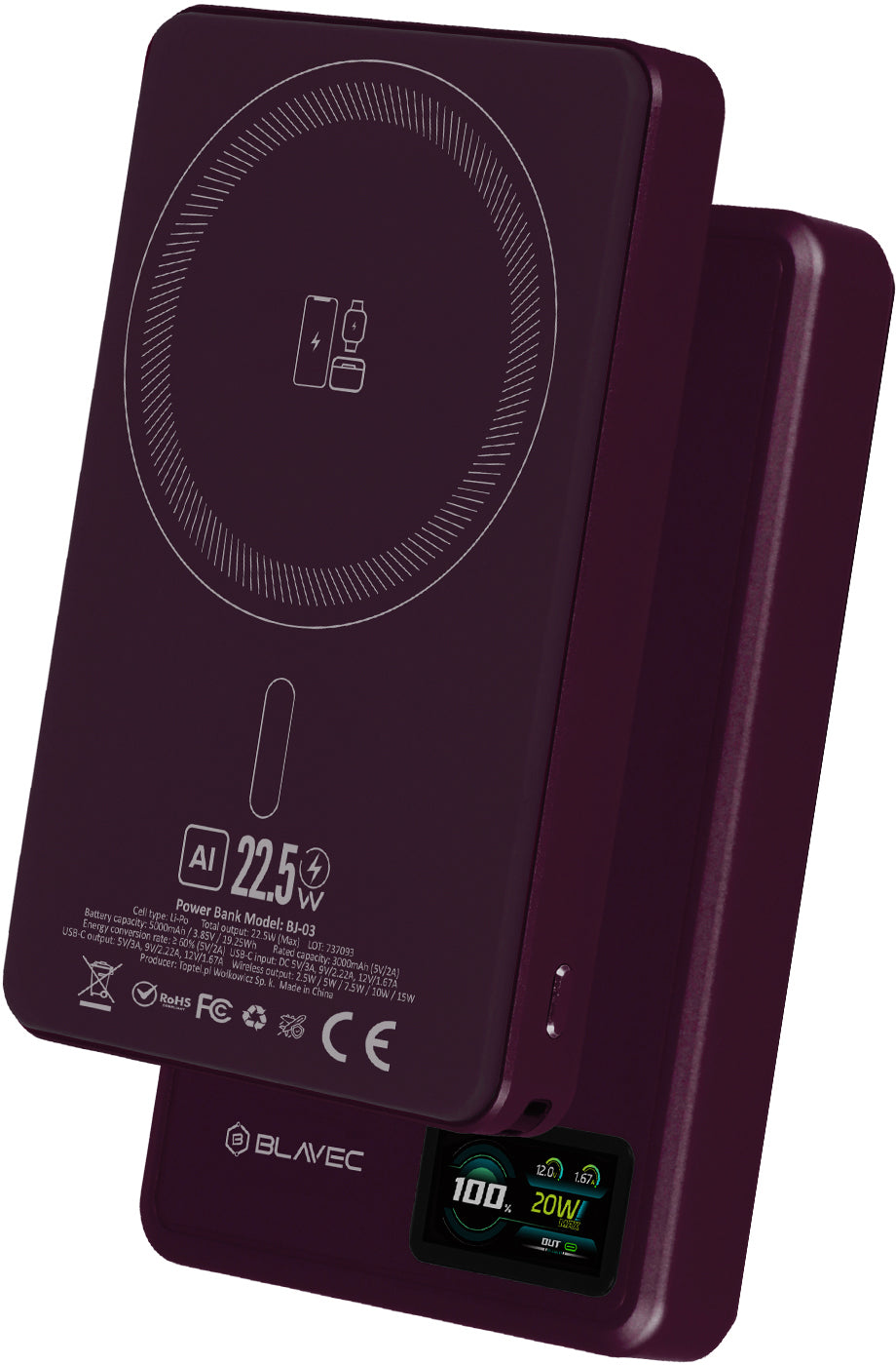 Bežična vanjska baterija Blavec BJ-03 Slim, 10000 mAh, 22,5 W, PD + FQI, 1 x QI - 1 x USB-C, ljubičasta