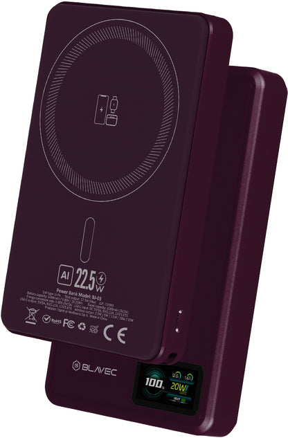 Bežična vanjska baterija Blavec BJ-03 Slim, 10000 mAh, 22,5 W, PD + FQI, 1 x QI - 1 x USB-C, ljubičasta