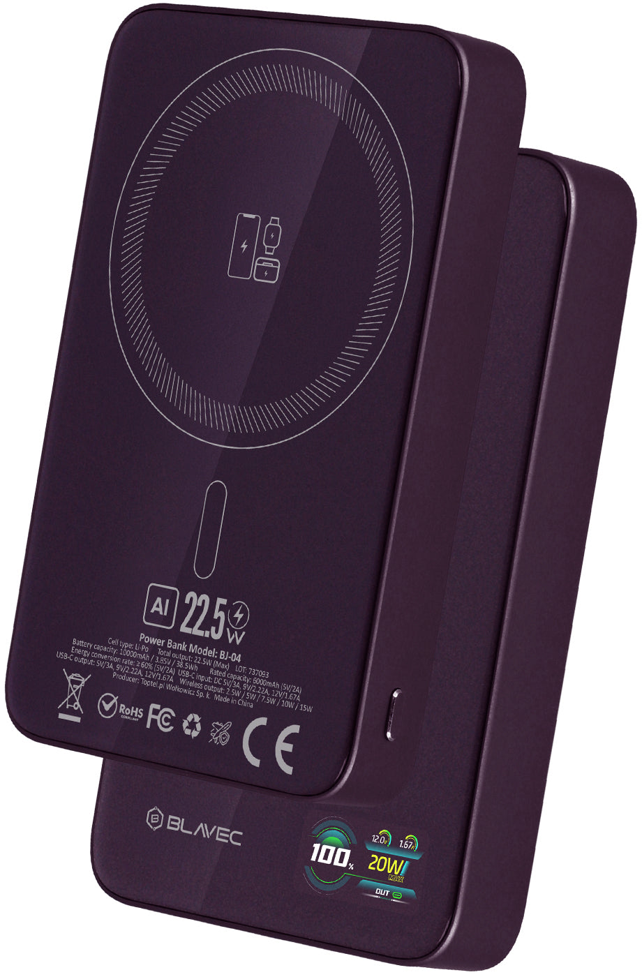 Bežična vanjska baterija Blavec BJ-04 Slim, 10000 mAh, 22,5 W, PD + FQI, 1 × QI – 1 × USB-C, ljubičasta