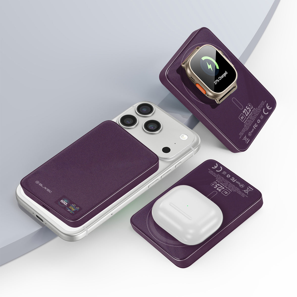 Bežična vanjska baterija Blavec BJ-04 Slim, 10000 mAh, 22,5 W, PD + FQI, 1 × QI – 1 × USB-C, ljubičasta