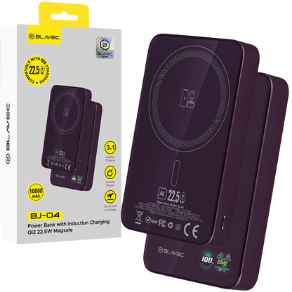 Bežična vanjska baterija Blavec BJ-04 Slim, 10000 mAh, 22,5 W, PD + FQI, 1 × QI – 1 × USB-C, ljubičasta