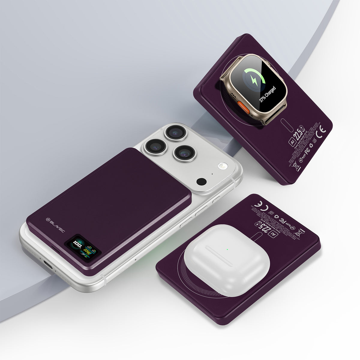 Bežična vanjska baterija Blavec BJ-03 Slim, 10000 mAh, 22,5 W, PD + FQI, 1 x QI - 1 x USB-C, ljubičasta