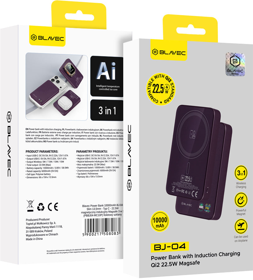 Bežična vanjska baterija Blavec BJ-04 Slim, 10000 mAh, 22,5 W, PD + FQI, 1 × QI – 1 × USB-C, ljubičasta