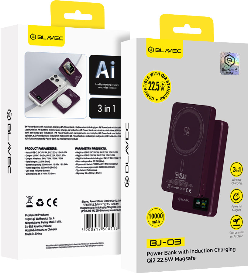 Bežična vanjska baterija Blavec BJ-03 Slim, 10000 mAh, 22,5 W, PD + FQI, 1 x QI - 1 x USB-C, ljubičasta
