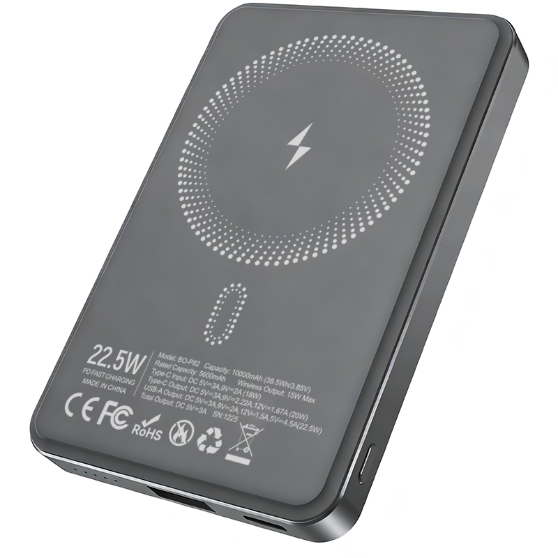 Bežična vanjska baterija BWOO BO-P82, 10000mAh, 22.5W, PD + FQI, 1 x QI - 1 x USB-C, Siva