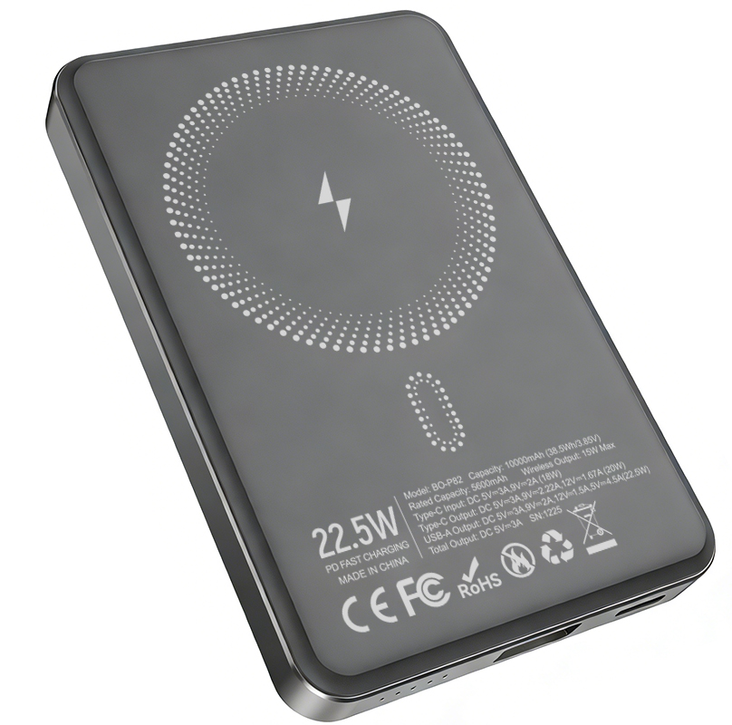 Bežična vanjska baterija BWOO BO-P82, 10000mAh, 22.5W, PD + FQI, 1 x QI - 1 x USB-C, Siva