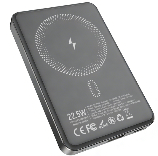 Bežična vanjska baterija BWOO BO-P82, 10000mAh, 22.5W, PD + FQI, 1 x QI - 1 x USB-C, Siva