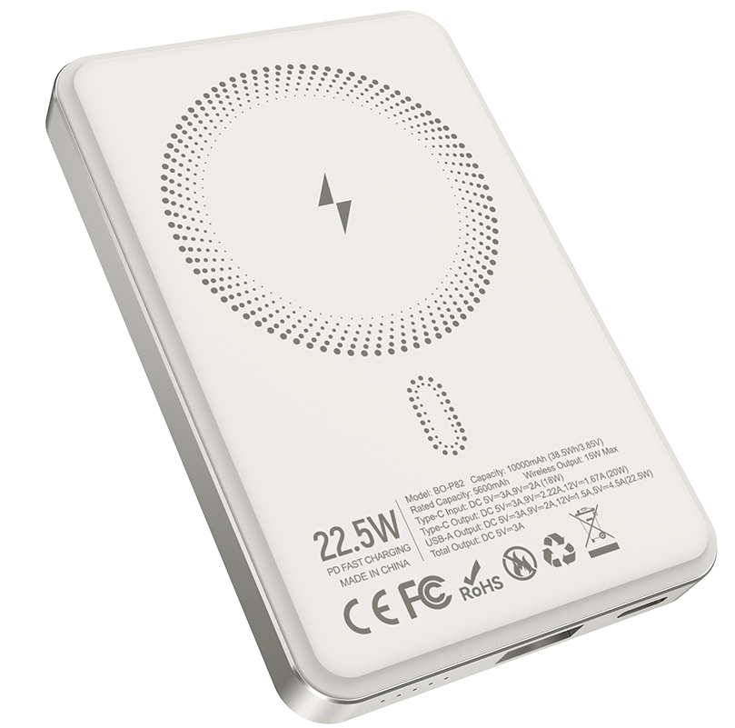 Bežična vanjska baterija BWOO BO-P82, 10000mAh, 22.5W, PD + FQI, 1 x QI - 1 x USB-C, Bijela