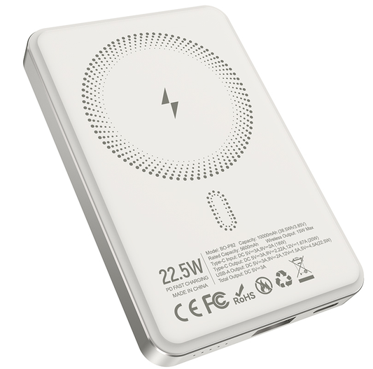 Bežična vanjska baterija BWOO BO-P82, 10000mAh, 22.5W, PD + FQI, 1 x QI - 1 x USB-C, Bijela