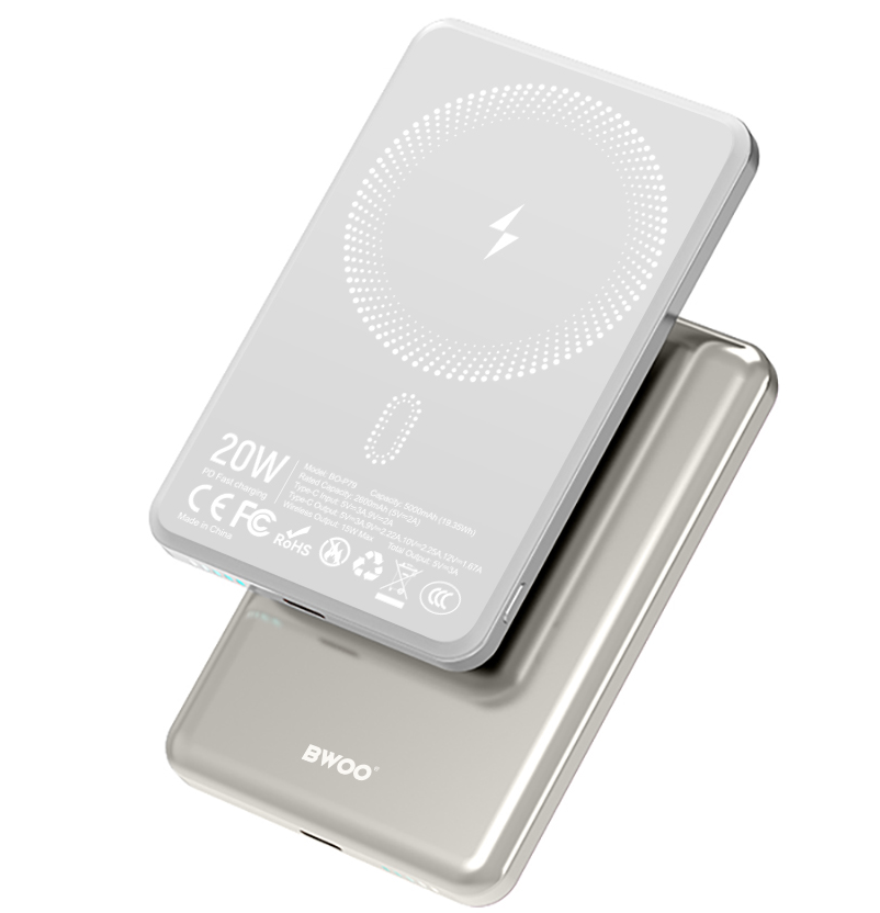 Bežična vanjska baterija BWOO P79, 5000mAh, 20W, PD + FQI, 1 x QI - 1 x USB-C, Siva