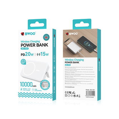 Vanjska baterija Wireless BWOO BO-P59, 10000mAh, 20W, PD + QI, 1 x QI - 1 x USB-C, Bijela