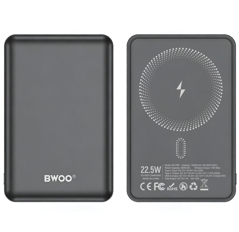 Bežična vanjska baterija BWOO BO-P82, 10000mAh, 22.5W, PD + FQI, 1 x QI - 1 x USB-C, Siva