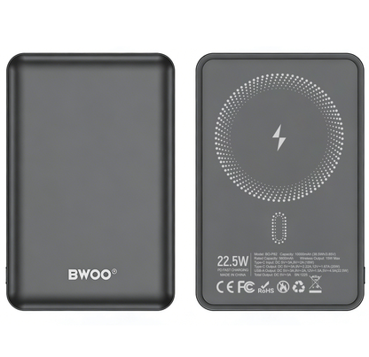 Bežična vanjska baterija BWOO BO-P82, 10000mAh, 22.5W, PD + FQI, 1 x QI - 1 x USB-C, Siva