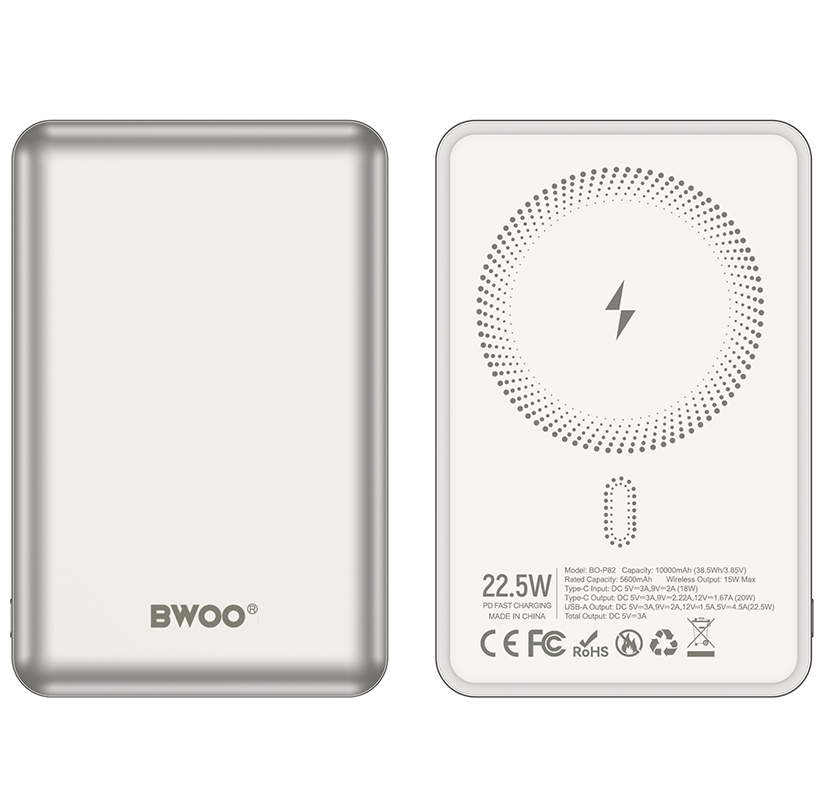 Bežična vanjska baterija BWOO BO-P82, 10000mAh, 22.5W, PD + FQI, 1 x QI - 1 x USB-C, Bijela