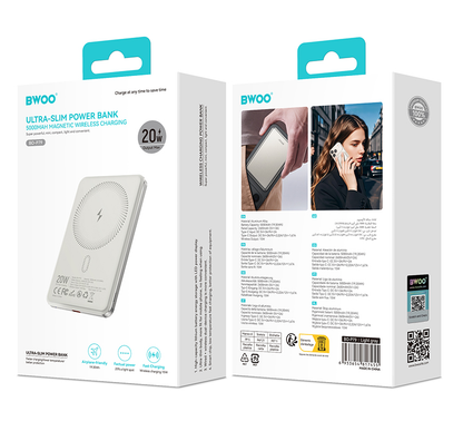 Bežična vanjska baterija BWOO P79, 5000mAh, 20W, PD + FQI, 1 x QI - 1 x USB-C, Siva