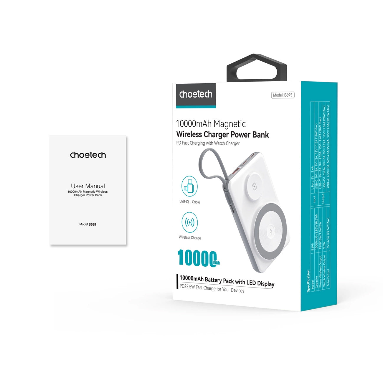 Vanjska baterija Wireless Choetech B695, 10000mAh, 20W, QC + PD + FQI, 1 x Lightning - 1 x USB-A - 2 x QI - 2 x USB-C, Bijela
