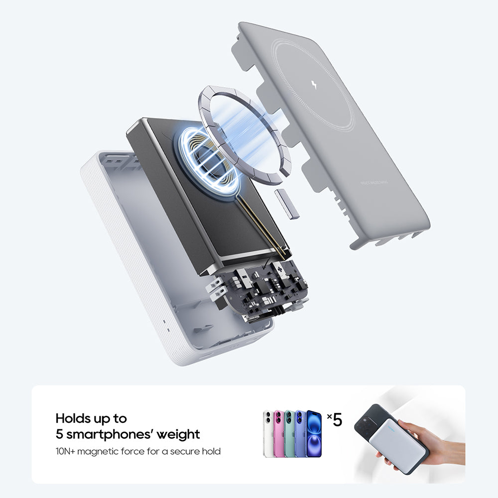 Bežična vanjska baterija Cuktech WPB100N, 10000mAh, 20W, PD + FQI, 1 x QI - 1 x USB-C, Bijela CKWPB100NGLGR