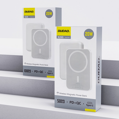 Vanjska baterija Wireless Dudao K26s, 5000mAh, 20W, PD + FQI, 1 x QI - 1 x USB-C, Bijela