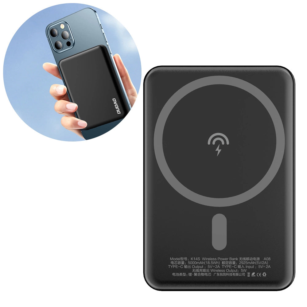 Vanjska baterija Wireless Dudao K14S, 5000mAh, 10W, PD + QI, 1 x QI - 1 x USB-C, Crna