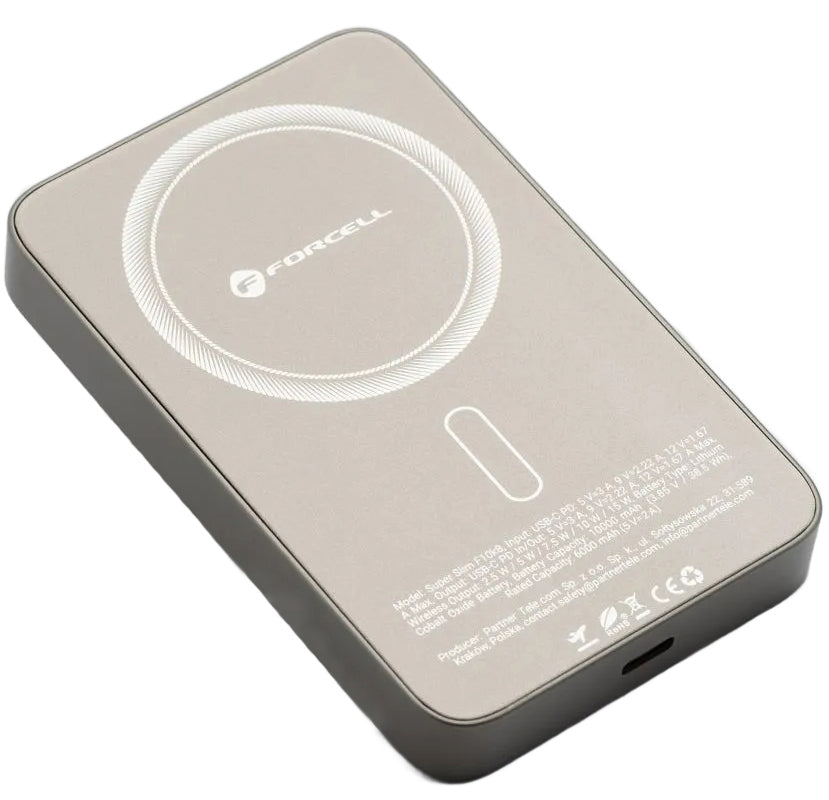 Vanjska bežična baterija Forcell F5K8, 5000mAh, 15W, PD + FQI, 1 x QI - 1 x USB-C, Zlatna