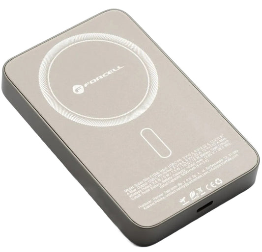 Vanjska bežična baterija Forcell F5K8, 5000mAh, 15W, PD + FQI, 1 x QI - 1 x USB-C, Zlatna