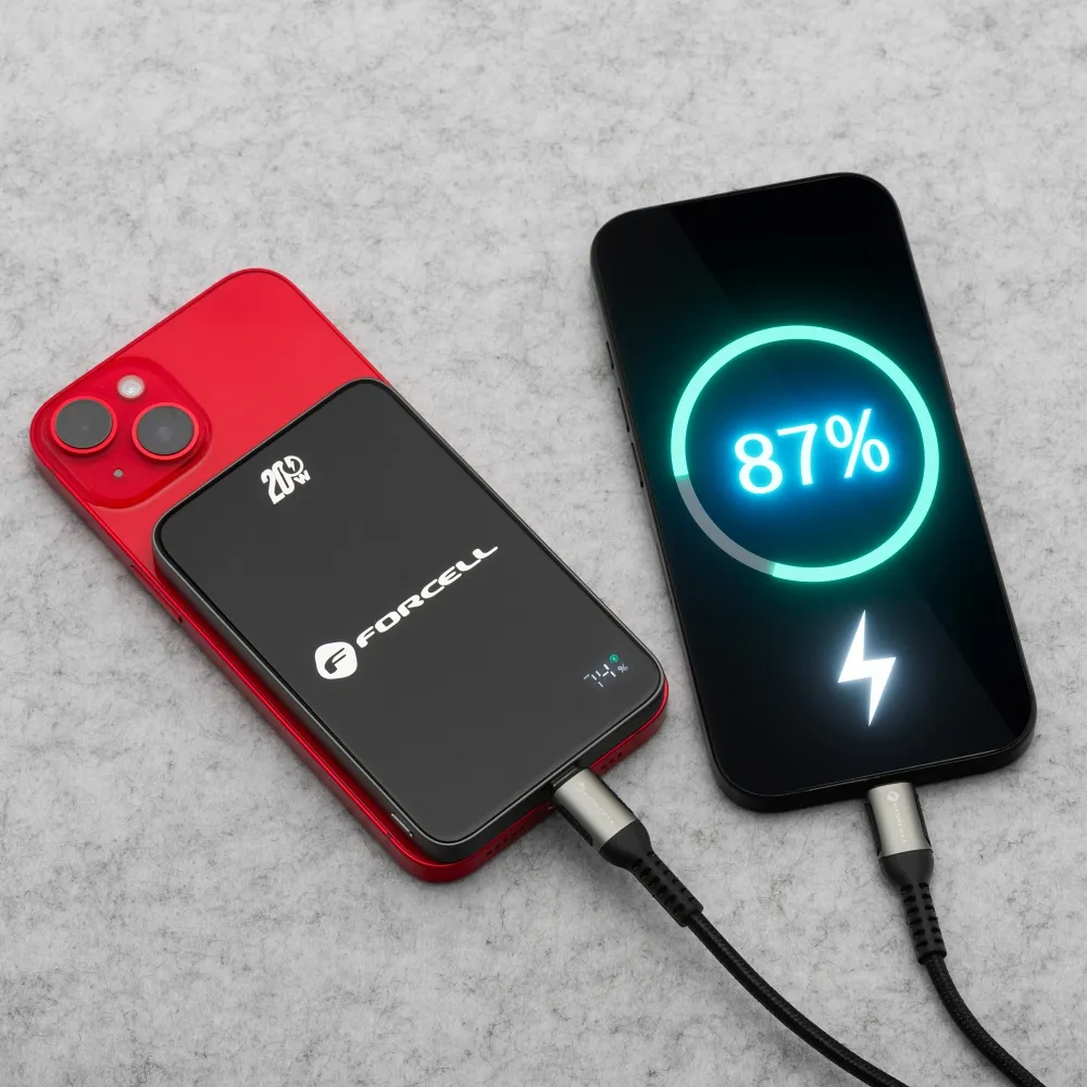 Vanjska bežična baterija Forcell F5K8, 5000mAh, 15W, PD + FQI, 1 x QI - 1 x USB-C, Crna