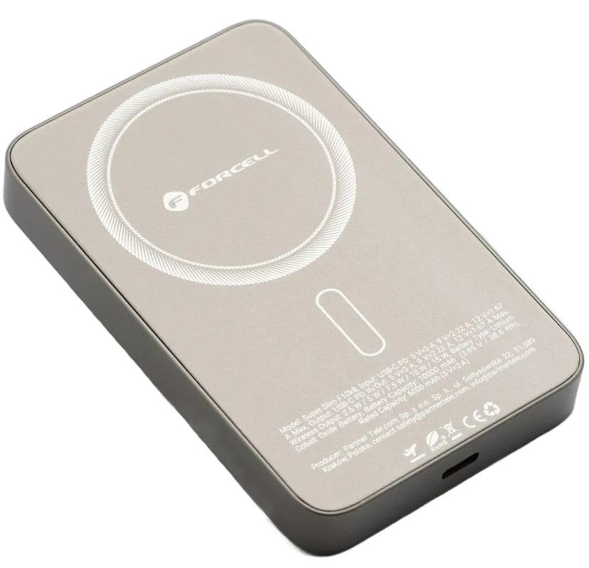 Vanjska bežična baterija Forcell F10K8, 10000mAh, 15W, PD + FQI, 1 x QI - 1 x USB-C, Zlatna