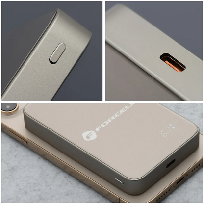 Vanjska bežična baterija Forcell F5K8, 5000mAh, 15W, PD + FQI, 1 x QI - 1 x USB-C, Zlatna