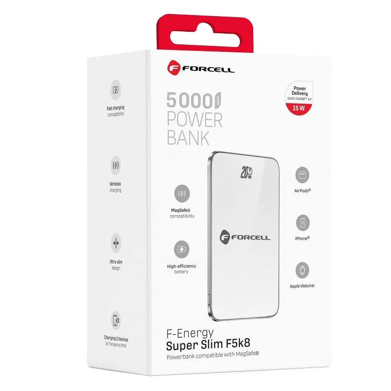 Vanjska bežična baterija Forcell F5K8, 5000mAh, 15W, PD + FQI, 1 x QI - 1 x USB-C, Bijela