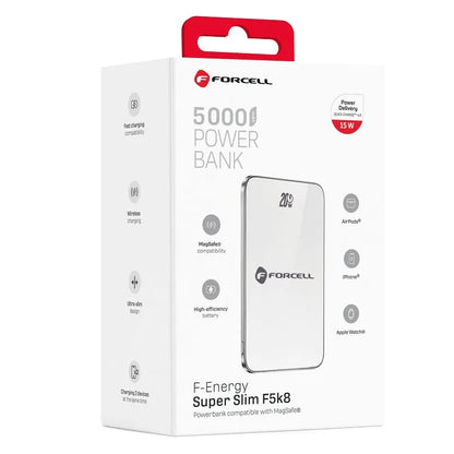 Vanjska bežična baterija Forcell F5K8, 5000mAh, 15W, PD + FQI, 1 x QI - 1 x USB-C, Bijela