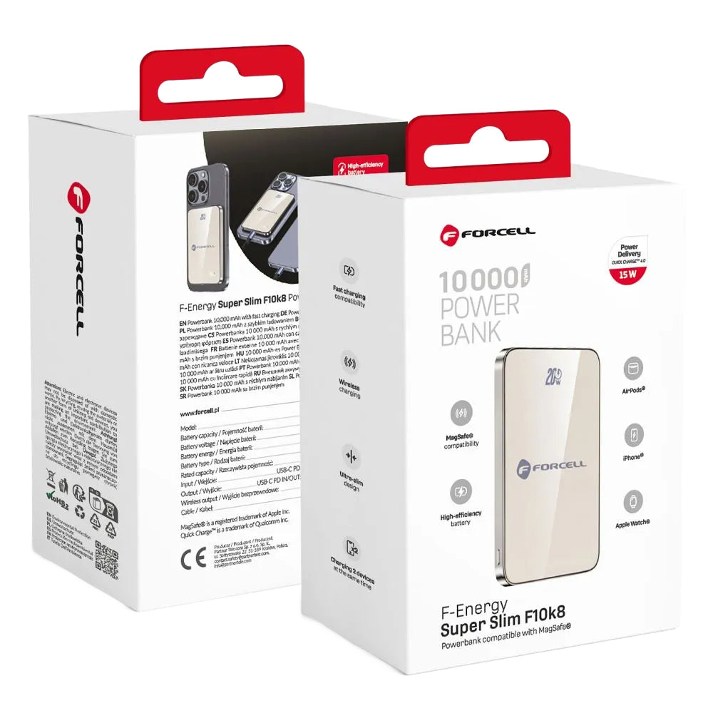 Vanjska bežična baterija Forcell F10K8, 10000mAh, 15W, PD + FQI, 1 x QI - 1 x USB-C, Zlatna