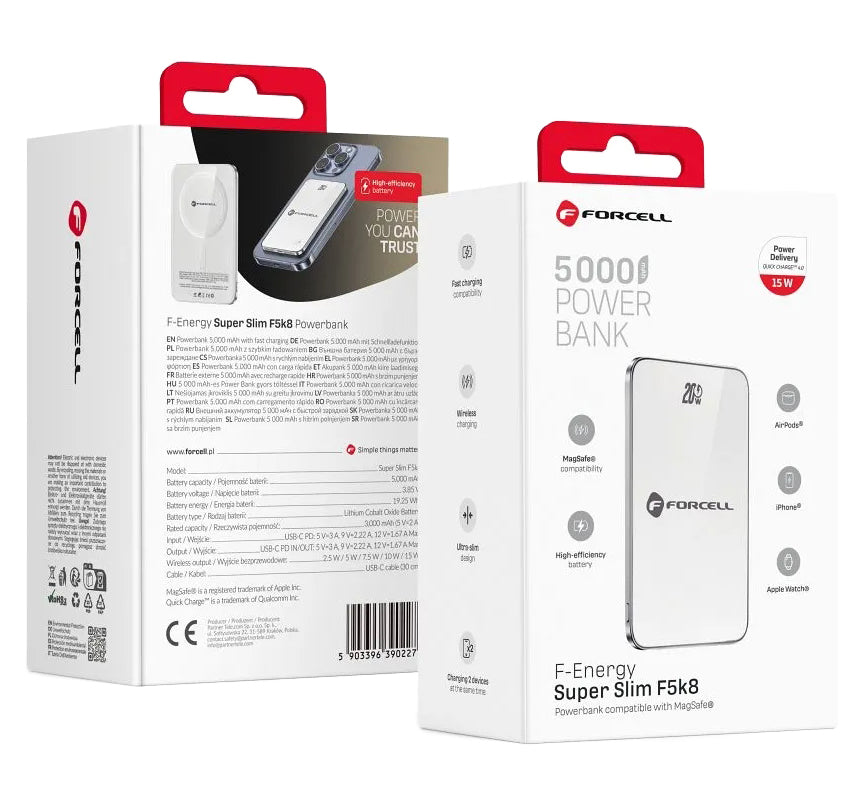 Vanjska bežična baterija Forcell F5K8, 5000mAh, 15W, PD + FQI, 1 x QI - 1 x USB-C, Bijela